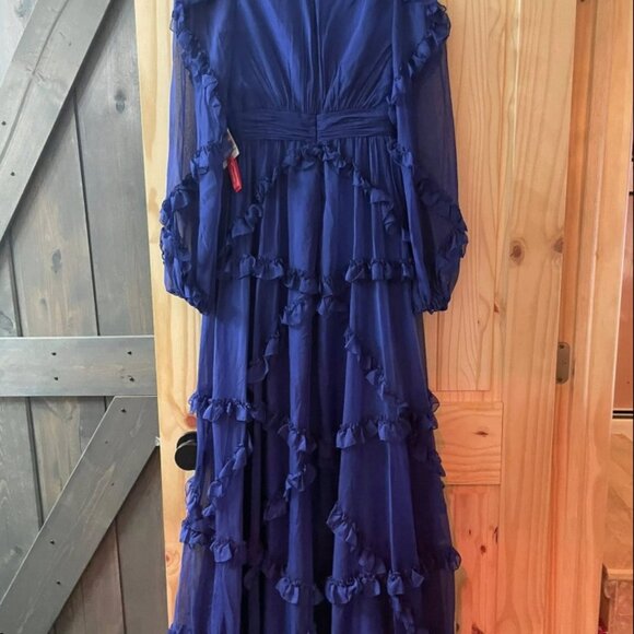 Mac Duggal Sapphire Blue Cascade Ruffle Puff Sleeve A Line Gown Size 2 / 4 - Picture 2 of 7